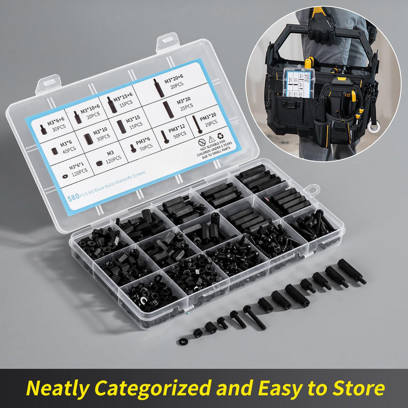 [Australia - AusPower] - 580 PCS M3 Black Nylon Standoff Kit with Spacers, Screws, and Nuts - Motherboard & PCB Mounting Standoffs and Screws, Threaded Pillar Spacers for Circuit Boards and Computer Building 