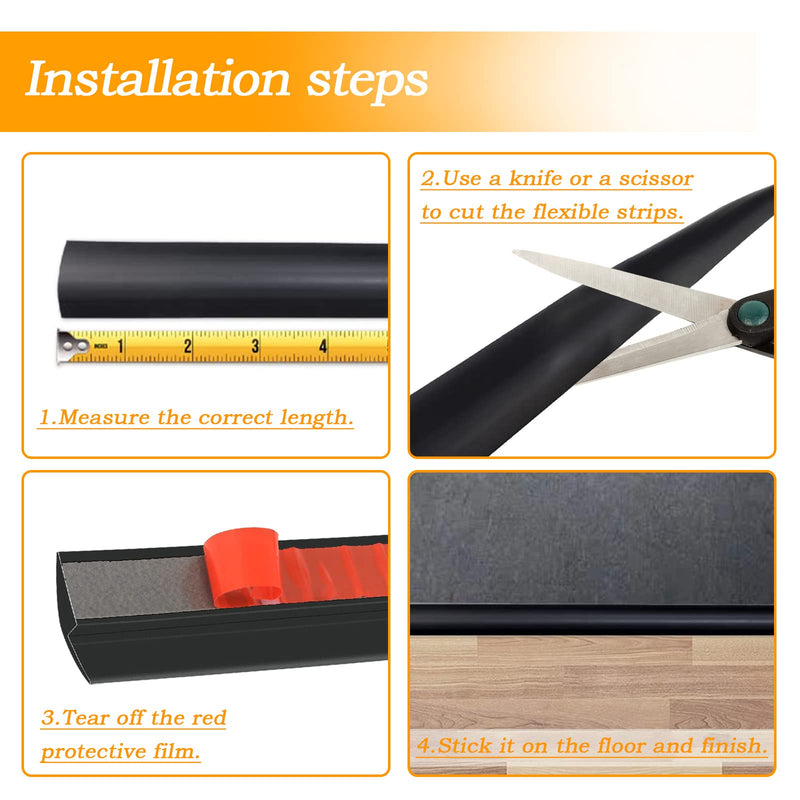 Floor Rubber Transition Strip Self Adhesive Carpet to Tile Transition Strip Edging Trim Strip for Threshold Transitions with a Height Less Than 5 mm/0.2in (Black, 6.56FT) Black
