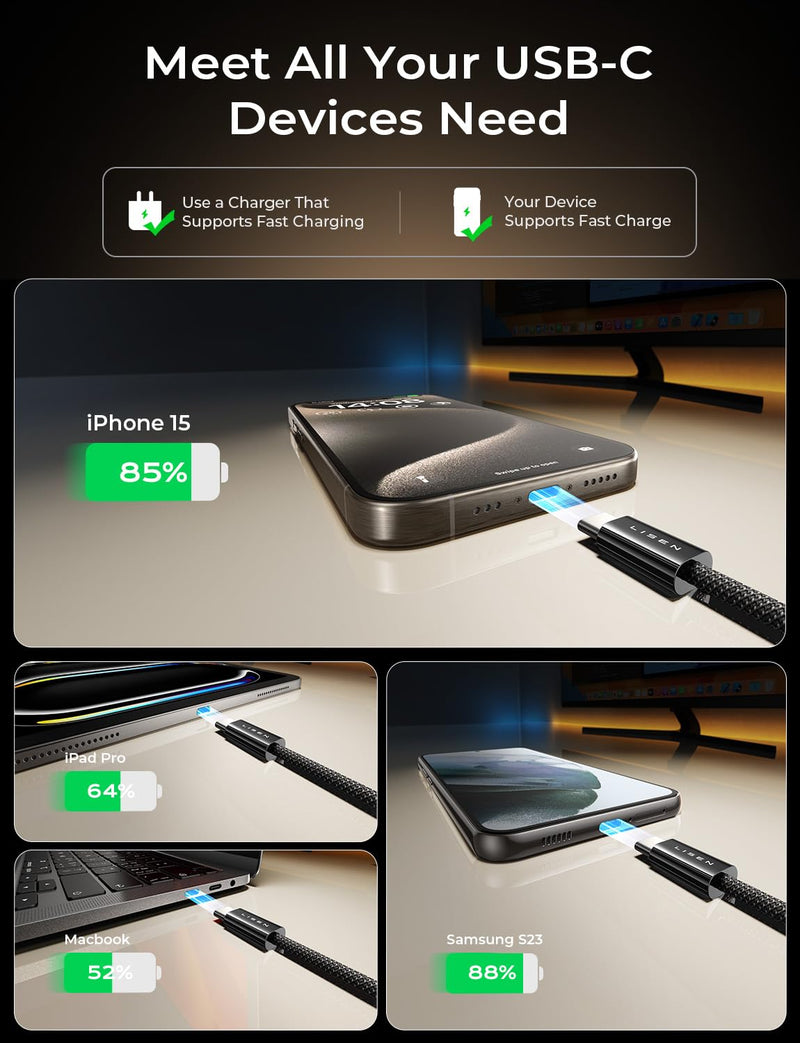 [Australia - AusPower] - LISEN USB C Cable, 5-Pack [3.3/3.3/6.6/6.6/10FT] USBC to USBC Cable for iPhone 15 Pro Max Plus, 60W (3.1A) C to C Cable Fast Charging for Samsung S24/23, iPad 10th/Pro/Air 11-13inch, MacBook Air/Pro 3.3+3.3+6.6+6.6+10FT Black 