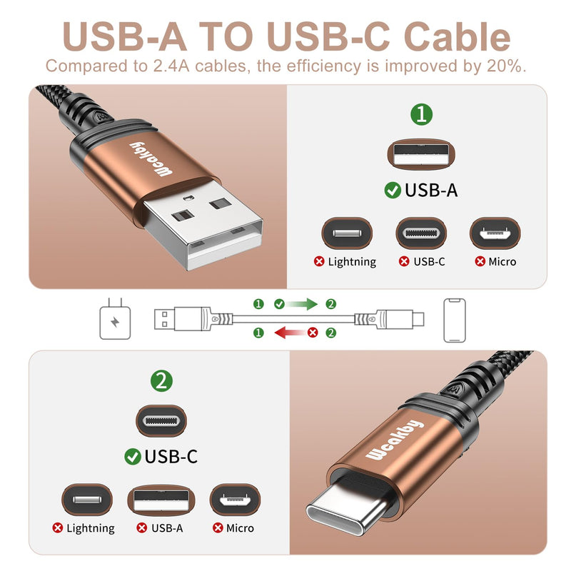 USB C Cable 3 m [Pack of 2] Charging Cable USB C Fast Charging Cable, 3.1A Nylon Braided USB A to USB C, Long Mobile Phone Charging Cable for Samsung Galaxy S24/S23, Pixel, LG and USB-C Devices 3 m + 3 m Golden Brown