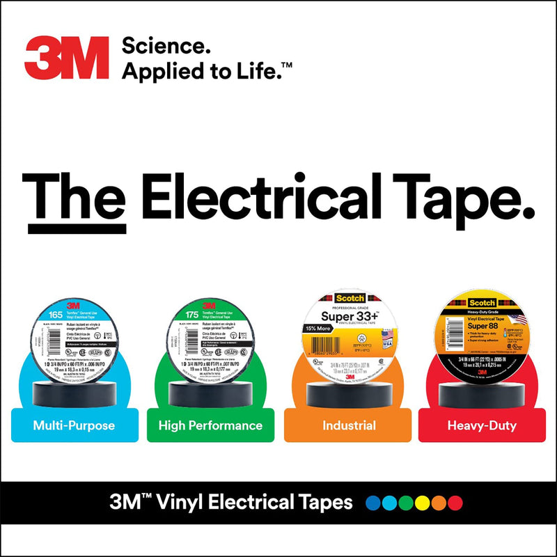 3M Scotch Super 33+ Electrical Tape - 3/4 in x 52 ft, Premium Grade All-Weather Vinyl, Resistant to Abrasion, Moisture, Corrosion, Alkalies - Black, 1 Roll 3/4" X 52'
