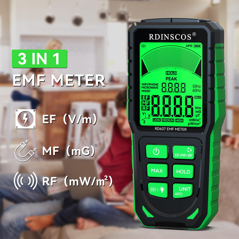 [Australia - AusPower] - RDINSCOS EMF Meter Rechargeable Electromagnetic Field Radiation Detector Hand-held EMF Reader Tester with Sound and Backlit Alarms EMF Monitor for EF RF MF, WiFi, Microwave and Ghost Hunting RD637 