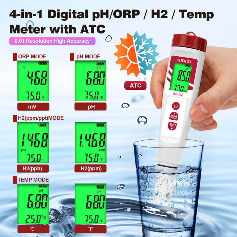 [Australia - AusPower] - Hydrogen Water Tester, GIDIGI ORP Meter, Digital pH Meter for Testing Drinking Water,Electronic pH PPM ORP Temp Detector for Water,Hydroponics,Swimming Pool,Aquariums 