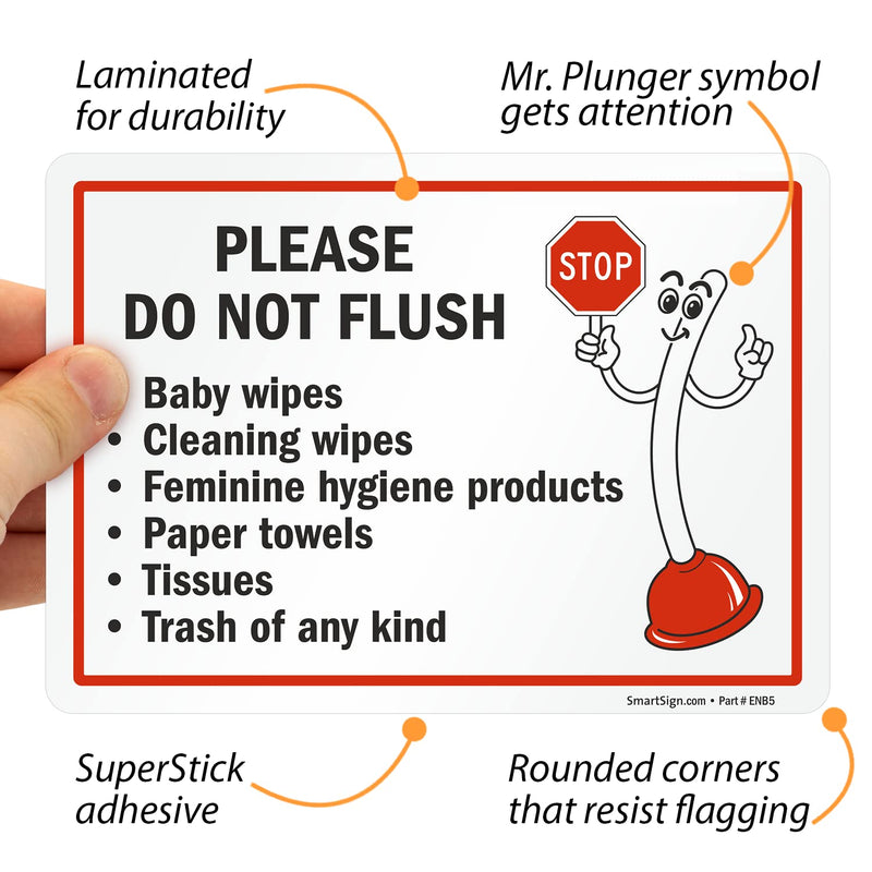 [Australia - AusPower] - SmartSign 5 x7" Funny Please - Do Not Flush Wipes, Feminine Products, Paper Towels, Tissues, Trash Sticker Labels Pack of 4, 5 mil Laminated Polyester with SuperStick Adhesive, Red Black White 5" x 7" - SuperStick Label 