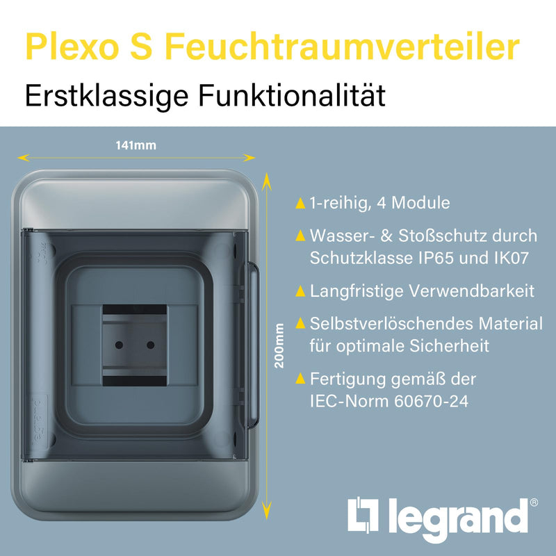 LEGRAND, Plexo S 601884 Wet Room Distributor, Surface-Mounted Distributor, Protection Class IP65-IK07, 1 Row, 4 Modules, Dimensions: 200 x 141 x 106 (H x W x D) with Neutral Conductor and Protective Conductor Terminal Strip, 601884