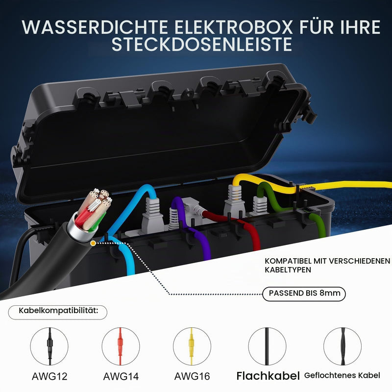 IP65 Waterproof Medium Outdoor Cable Box (26.3 x 13.5 x 9.8 cm), 6 Cable Entrance, Waterproof Connection Boxes with Ground Anchors for Power Strips, Timer Switches and Garden Decoration, Black