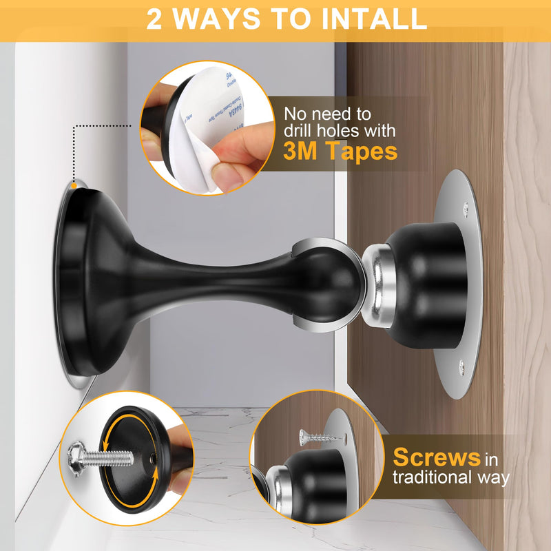 [Australia - AusPower] - 2 Pack Magnetic Door Stoppers, Stainless Steel Door Stops for Wall and Floor Mounting, Door Holder Keep Door Open, No Drilling Door Stop with 3D Adhesive Tapes, Black 2 Pack 