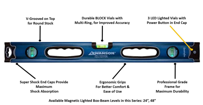 [Australia - AusPower] - Swanson Tool Co BLL240 24 In. Lightning® LED Box Beam Level—Pro Series 24" Lighted Box Beam Level 24" (inches) 