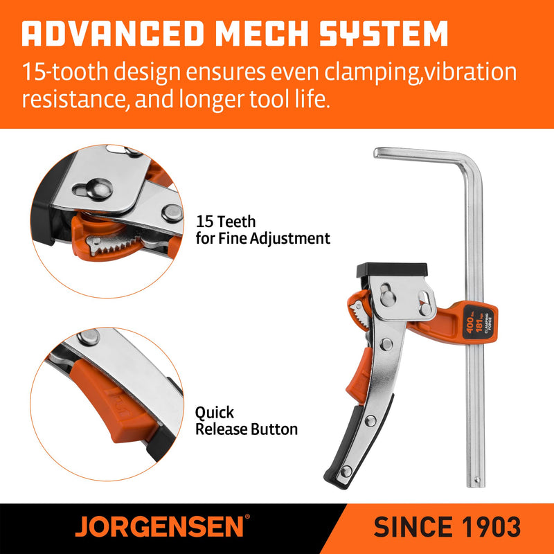 Jorgensen 6-5/8" Ratcheting Table Clamp, Quick Release Track Saw Clamp, Guide Rail Clamps for MFT Table and Guide Rail System, 2-7/8" Throat Depth, 400lbs Load Limit 1