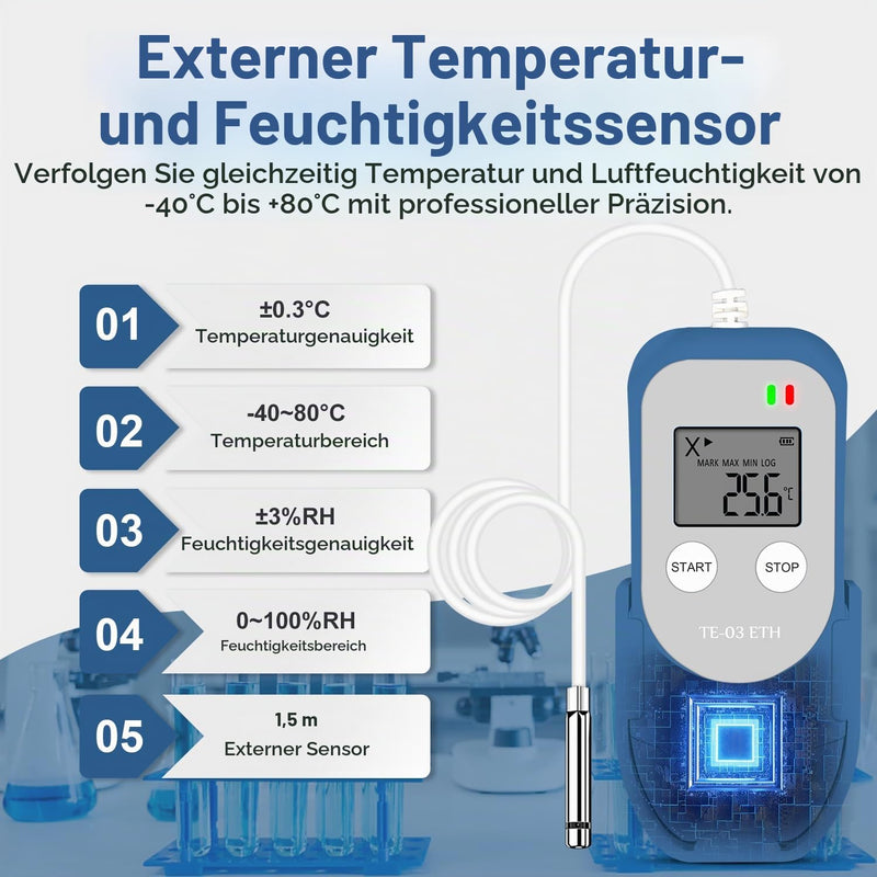 ThermElc TE-03 ETH External Data Logger Temperature Humidity with External Probe, MKT Calculation, 32,000 Points, Automatic PDF/CSV Creation, Reusable USB Recorder for Laboratories TE-03 ETH 1PCS
