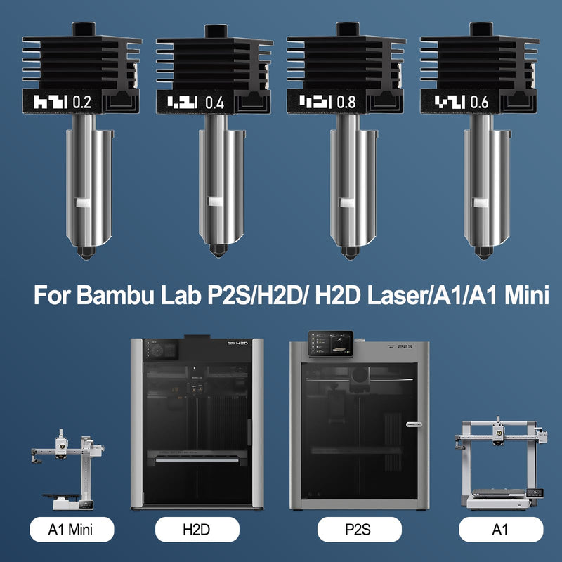 [Australia - AusPower] - 4PCS 0.2/0.4/0.6/0.8mm Hotend Compatible with Bambu Lab P2S/H2S/H2D/A1/A1 Mini – Quick Swap Extruder Print Head with 4 Silicone Cover Socks 