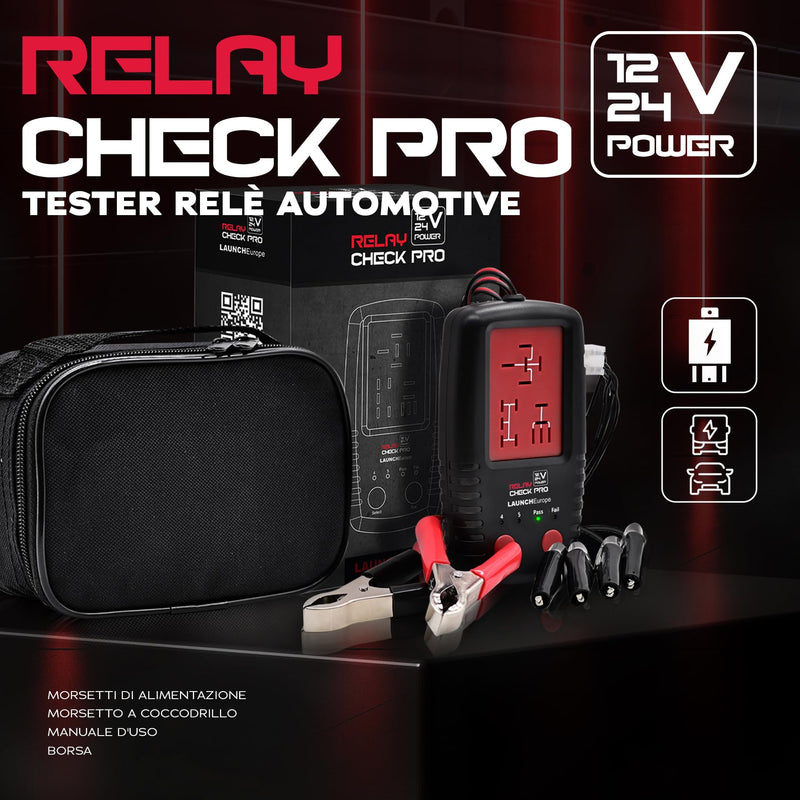 LAUNCH RelayCheck Pro 12V/24V Relay Tester Car/Truck Car Pin Detection | Auto pin detection for 4/5 pin, loaded contact test, LED error codes and bag, portable diagnostic tool for car and industry