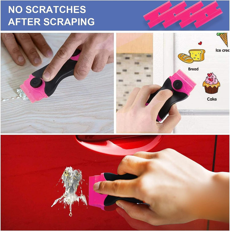 DEKEones Razor Blade Scraper, Double Edged Razorblade Scraping Tool with 10 Pcs Razor Blades, Paint Scraper for Glass, Decals, Tint, Stickers, Labels, Caulk, Adhesive(Pink) 1
