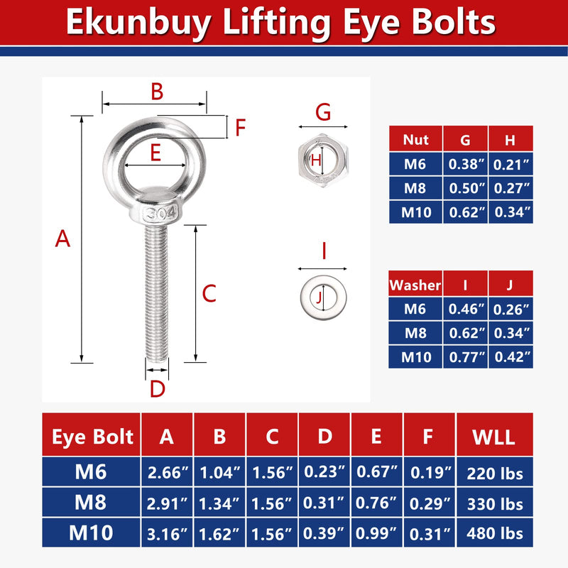 [Australia - AusPower] - Lifting Shoulder Eye Bolts, Ekunbuy Screw Bolt 304 Stainless Steel Heavy Duty Lifting Ring Threaded Eyebolts with Washers and Nuts for Indoor Outdoor 1/4"-26 x 2.66" 4 