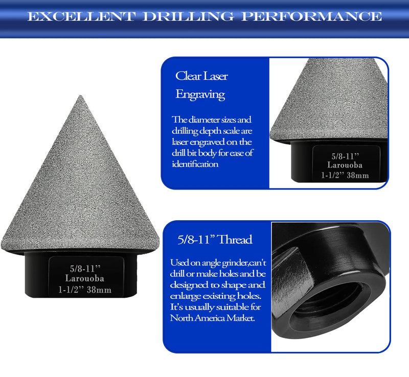 38mm 1-1/2" Dry Diamond Beveling Chamfer Bit, Countersink Drill Bit for Enlarging Trimming in Porcelain, Ceramic Tiles Hole 5/8"-11 Thread for Angle Grinders & SDS Adapter for Drills (BLACK). 38mm 1-1/2" Black