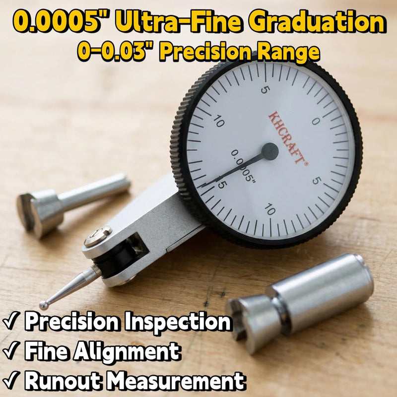 Professional Dial Test Indicator 0-0.03” Range, 0.0005” Graduation – Hardened Steel All-Metal Body with Dual Dovetail Mount (3/8” & 5/32”), Machinist Gauge in Storage Case