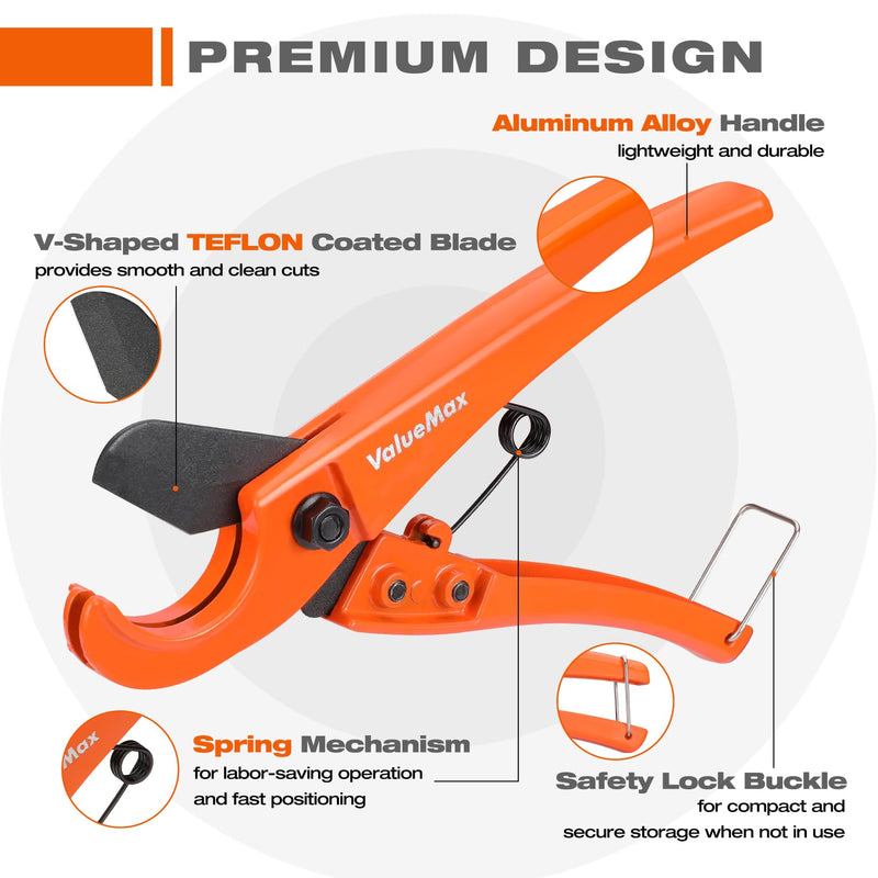 [Australia - AusPower] - ValueMax PEX Cutter with Teflon Coated Sharp Blade, Hose Cutter with 1/8"-1" Cutting Capacity, Tubing Cutter for PEX, PPR, PE, PP and Rubber Hoses, Suitable for Home and Plumbing Repairs 
