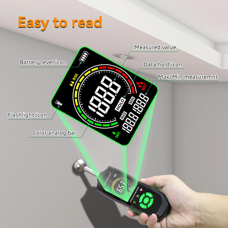 RDINSCOS Ball Probe Moisture Meter Non-Invasive Digital Moisture Detector with 40 mm Depth, Flashlight, LCD Display MT68