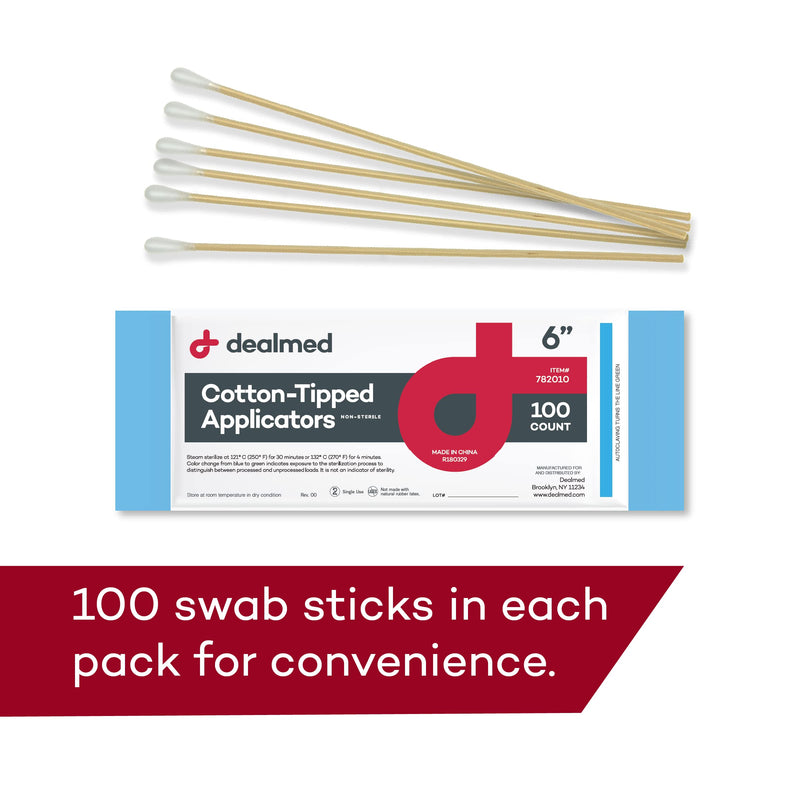 [Australia - AusPower] - Dealmed 6" Cotton-Tipped Wood Applicators – 1,000 Non-Sterile Cotton-Tipped Applicators, 100 Applicators Per Pouch, Ideal for Application of Medication, Cleaning Skin, Arts and Crafts and More 6" Non-Sterile (Box of 1,000) 