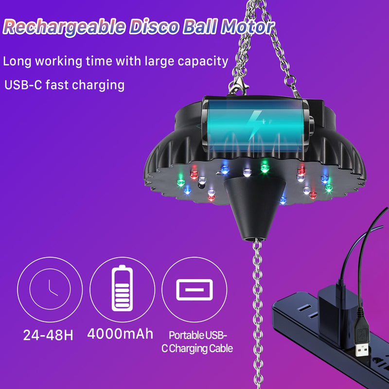 [Australia - AusPower] - Disco Ball Motor Rotating with Light: Rechargeable Disco Ball Spinner with Remote Adjustable Speed - 18 RGBW LED Light for Wedding Party Decor 