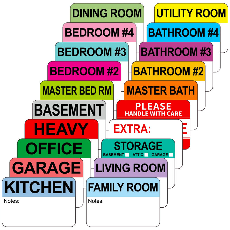 Kingtac 600 Writable Home Moving Stichers - 2' x 3', 20 Color-Coded Home Moving Packing Labels with Fragile, Extra, Heavy Options.Stick to Cardboard Boxes and Plastic Bins, No Extra Tape Needed Mov-0305-40-600pcs
