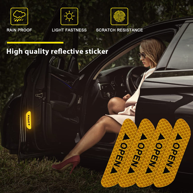 4PCS Car Door Open Prompt Anti-Collision Reflective Stickers, Car Tape Conspicuity Safety Caution Warning Sticker for Car Truck SUV(Yellow) Yellow