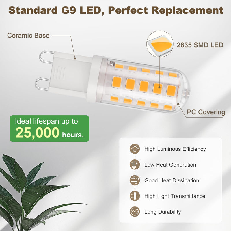 DiCuno G9 LED Lamp, Warm White 2700K, 3W Replaces 30W, 410lm, Pack of 6 | LED bulb G9 base, CRI 85, 360° beam angle, no flickering, non-dimmable, ceiling light, wall lights, mirrors 6 pcs (pack of 1)