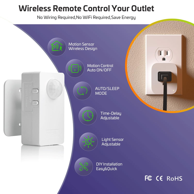RAYZEEK Wireless Motion Sensor Plug Kits,No-Wire Mini PIR Sensor Switch Control Plug to Auto Turn On/Off Electrical Devices,10A/1100W for Christmas Lights,Fans,Household Appliances Motion Sensor+plug