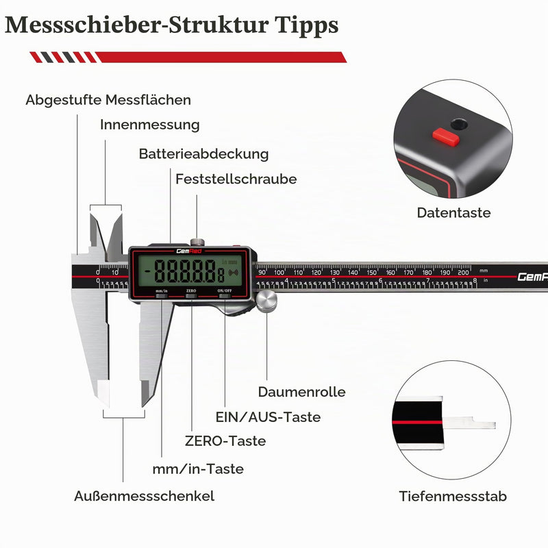 GemRed Digital Caliper 200mm / 8" with Large LCD Display | With large LCD display, digital calliper, mm/inch conversion, auto-off, 4-way measurement for workshop, DIY & 3D printing