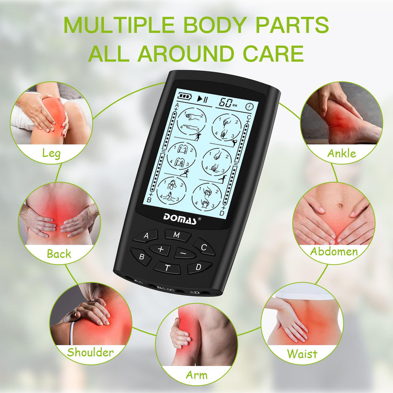 [Australia - AusPower] - DOMAS TENS Unit with 4 Channel Outputs, TENS EMS Unit Muscle Stimulator for Back Pain Relief, Portable & Rechargeable Nursing Machine Device with 24 Modes Electronic Pulse Massager & 16 Pads 