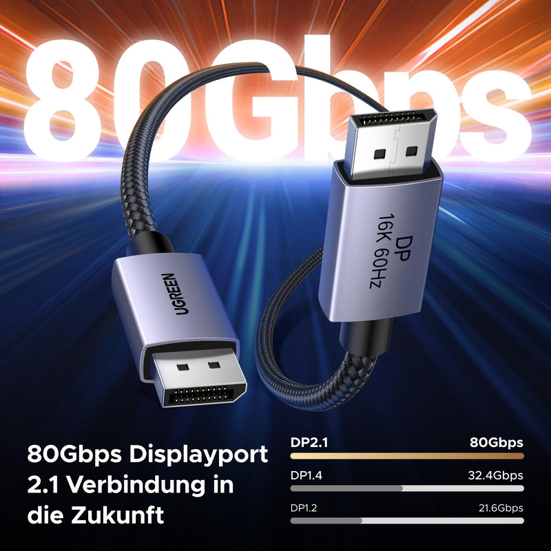 UGREEN 16K Displayport Cable 2.1 16K 10K 60Hz 8K 120Hz 4K 240Hz 165Hz (2M) | DP cable 80Gbps with HDR, FreeSync, G-Sync, DSC 1.2a, HDCP 2.2, anti-interference and durability for PC, HDTV, gaming monitor 2 m 16K 60Hz