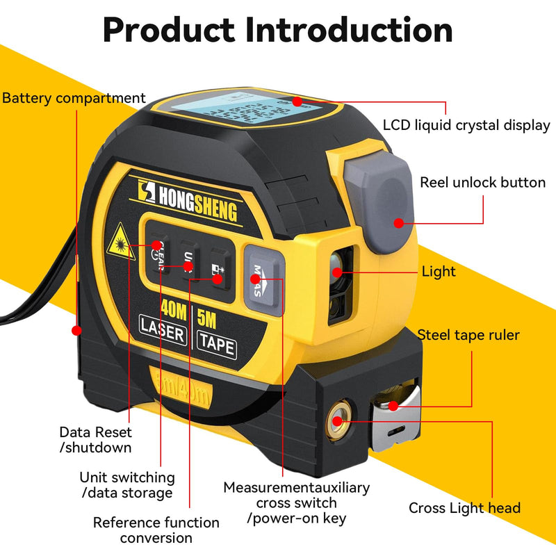 The Ruler 3-in-1 Measuring Tape, Tools Tape Measure, 3-in-1 Rangefinder with Led Display, 3 in 1 Digital Tape Measure with Cross Line, AutoLock, Measure Area, Volume, Pythagorean, Best Gift for Man Yellow 1Pc