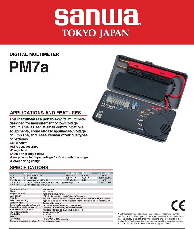 [Australia - AusPower] - Sanwa PM7A Pocket Mini Size Portable Multimeter DMM 4000 Count DC AC with Integrated Protective case Japan quanlity(PM7a) 