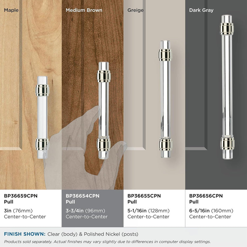 Amerock | Cabinet Pull | Clear/Polished Nickel | 3-3/4 inch (96 mm) Center-to-Center | Glacio | 1 Pack | Drawer Pull | Drawer Handle | Cabinet Hardware