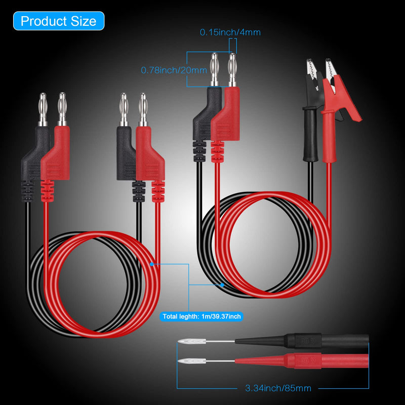 [Australia - AusPower] - Hejo 6 Piece Test Leads Set with Crocodile Clips Cable, 4 Pieces 4 mm Banana Plug Cable with 2 Pieces Test Probes, 1 m Measuring Cable for Multimeter (Red and Black) Pack of 6 - 2 colours 