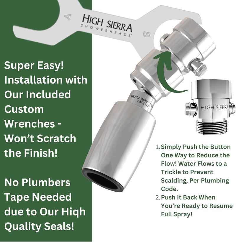 High Sierra® - CLASSIC™ Solid Lead-Free Metal 1.5 GPM Award Winning. Ultra Low Flow Shower Head with Trickle Valve. Patented Nozzle Never Clogs - Polished Chrome Finish