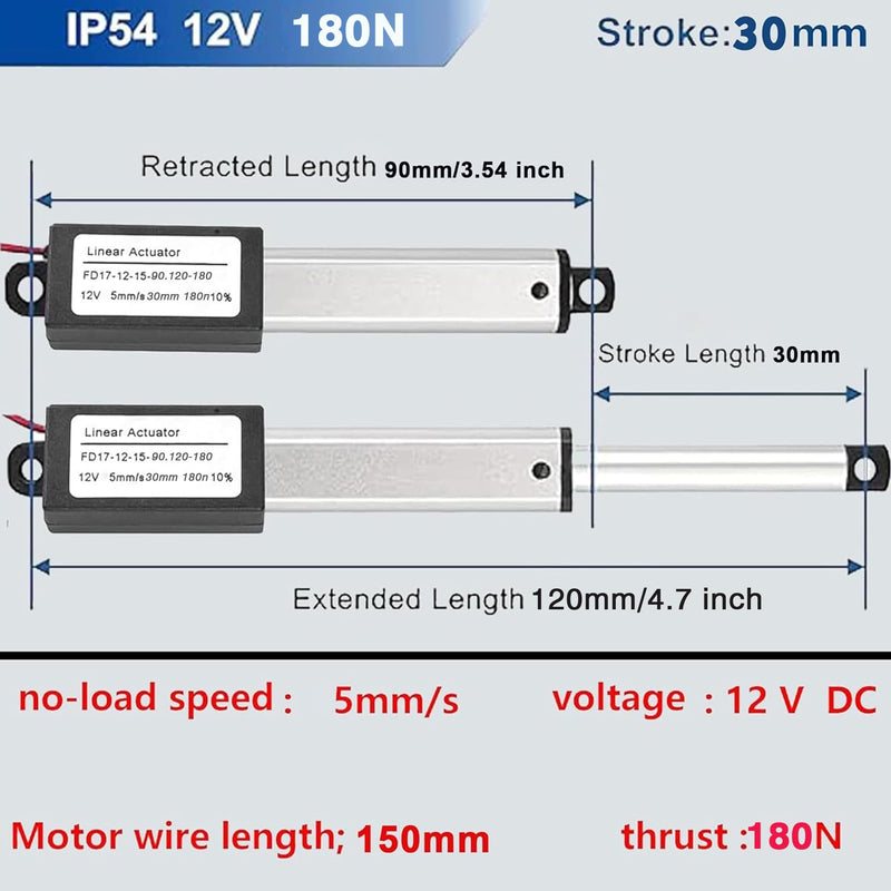 AWINLI Mini1.2" Stroke 12V Linear Actuator,180N/40.5Lbs Waterproof Micro Electric Actuator,Speed 5mm/s with Instantaneous Switch Mounting Bracket,for Cabinets,Window Openers,Robots (30mm) 30mm-180N Mini12V