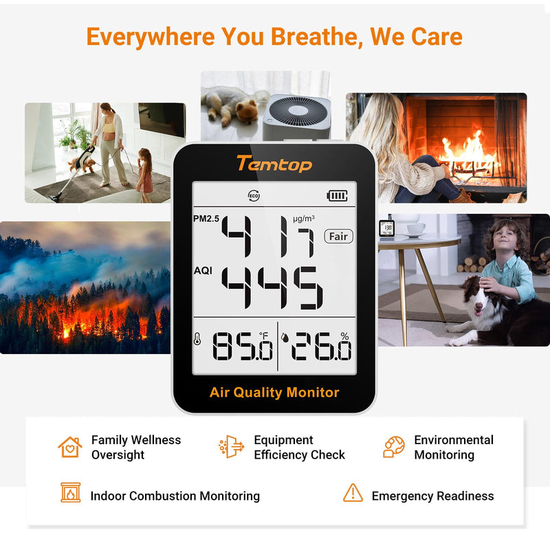 [Australia - AusPower] - Temtop Air Quality Monitor, Indoor Thermometer Portable AQI PM2.5, Temperature, Humidity Detector for Home, Office or School, Air Quality Tester, Battery Powered, Magnetic Suction 4 Modes/Basic Standby 1 