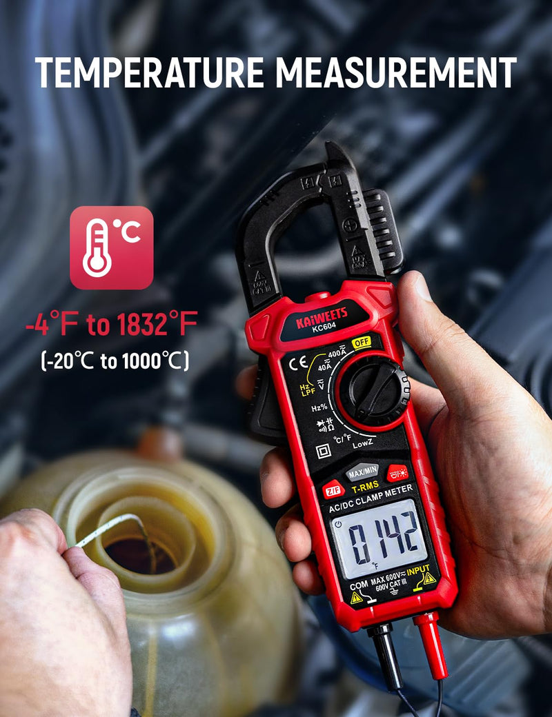 [Australia - AusPower] - KAIWEETS Digital Clamp Meter Multimeter with D-Shaped Jaw for AC/DC Current & Voltage, Auto-ranging 4000 Counts Voltage Tester with Flashlight Backlight, Measuring Temperature Continuity Diode NCV 