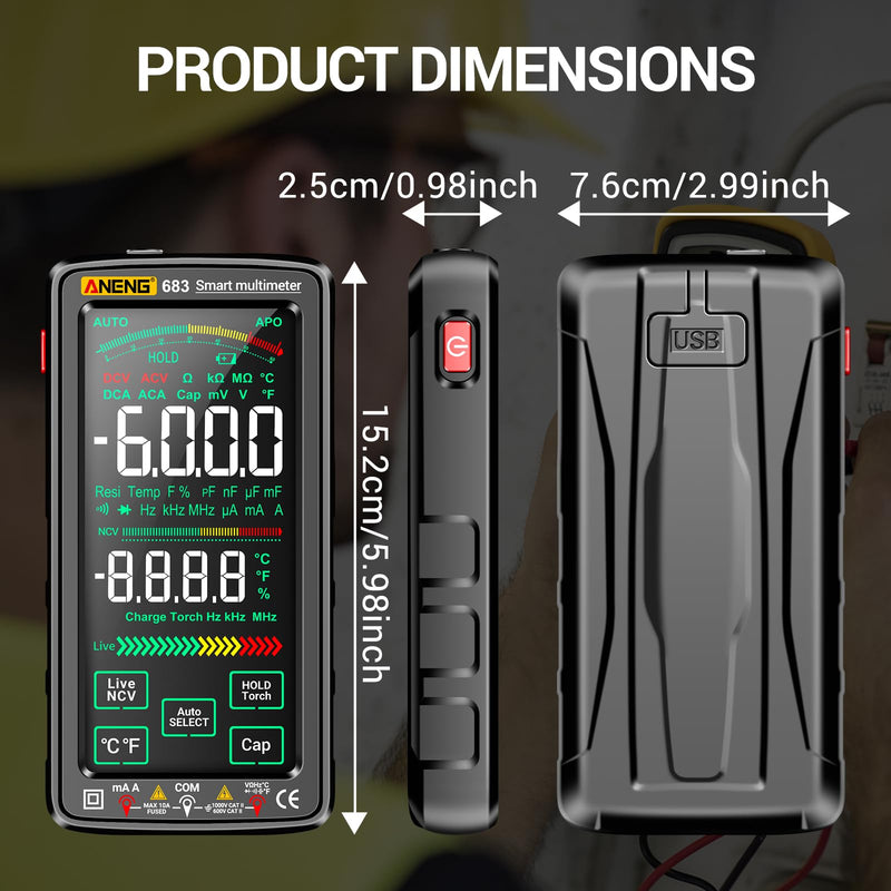 Smart Multimeter, Smart Digital multimeter Tester with Touch Screen 6000 Counts Auto Ranging Rechargeable multimeter A Reverse Display NCV Tester with Flashlight for Electricians,DIY (Black) Black