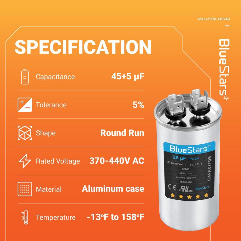 [UL Certified] BlueStars 2 Packs 45+5 uF 45/5 MFD 370V or 440V Round Dual Circular Run Capacitor CBB65 50/60 Hz - Compatible for AC Motor Run or Fan Start or Condenser Straight 45+5 MFD