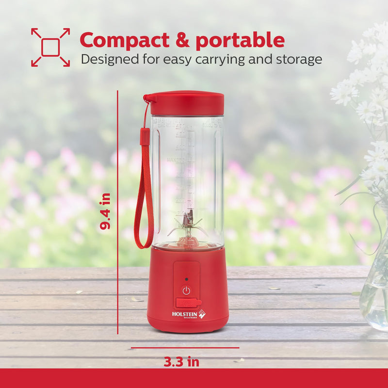 [Australia - AusPower] - Holstein Housewares - USB Portable Blender, 16oz Personal Smoothie & Shake Maker with Rechargeable Battery, Type-C Fast Charging, Spill-Free Lid & Indicator Light - Red 