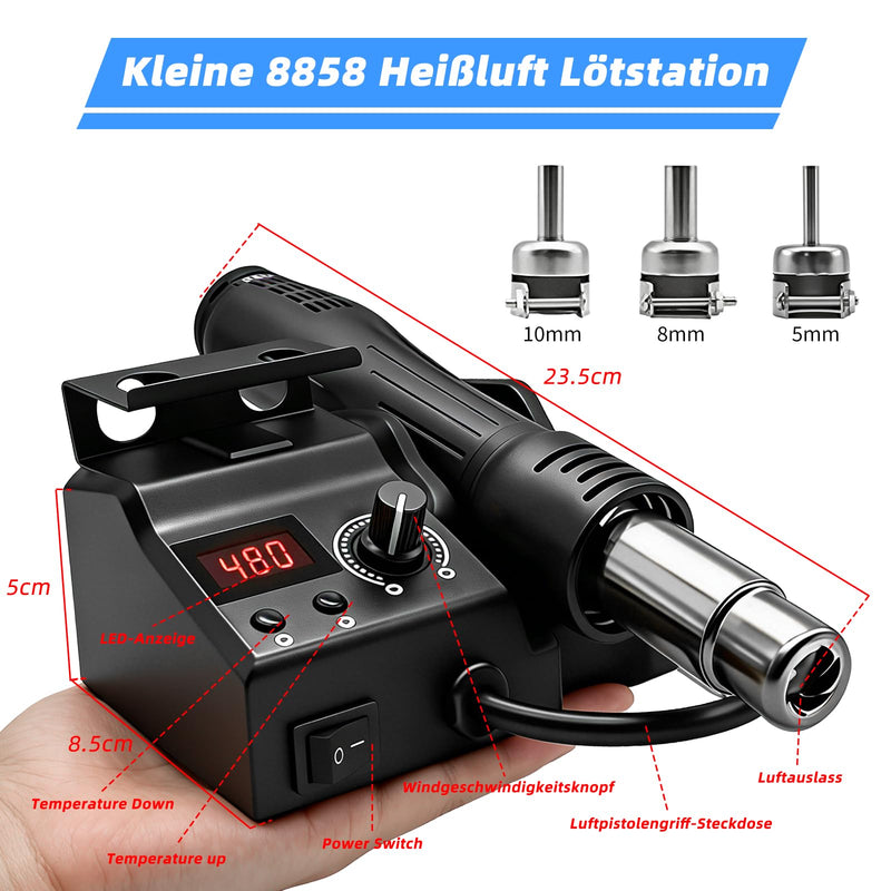 8858 Hot Air Soldering Station, Desoldering Station 700 W with LED Digital Display 100-480°C, Hot Air Soldering Station with 3 Hot Air Blow Dryer Mouthpieces, SMD Soldering and Desoldering | mit LED Digital Anzeig 100-480°C | 3 Heißluftföhn-Mundstücke ...