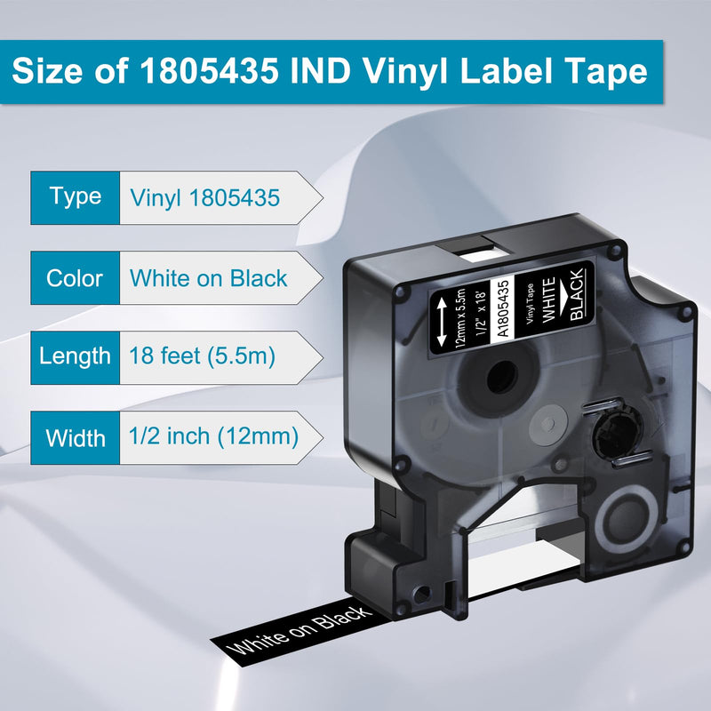5 Pack Compatible for Dymo Rhino 1805436 3/4" 19mm and 5 Pack 1805435 1/2" 12mm White on Black Vinyl Permanent Industrial Label Tape