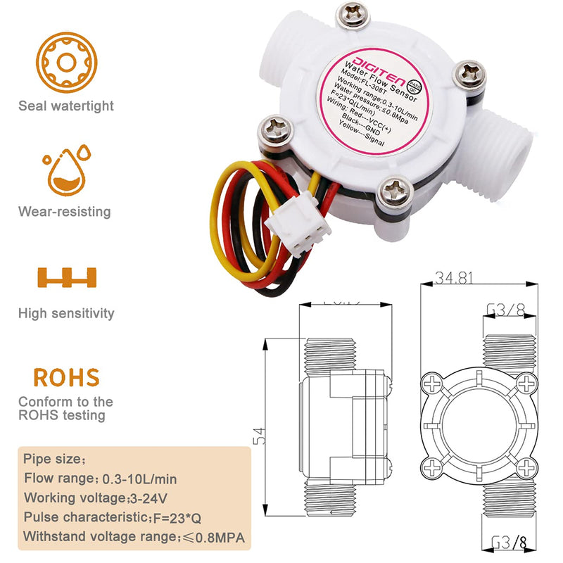 [Australia - AusPower] - DIGITEN G3/8 Water Flow Sensor Witch, Hall Effect Flowmeter Liquid Fluid Meter Sensor Switch Flowmeter Meter 0.3-10L/min 