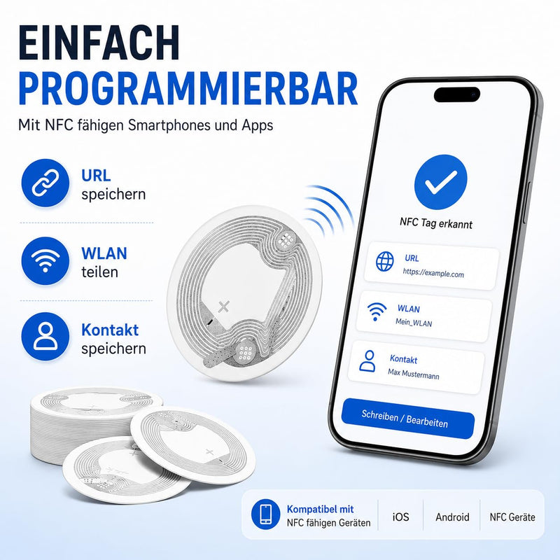NFC Tag Stickers NTAG215 25 mm White with 504 Byte Memory Pack of 30 | Programmable NFC Sticker, Rewritable Chip Sticker for iPhone Android Smart Home WiFi 215