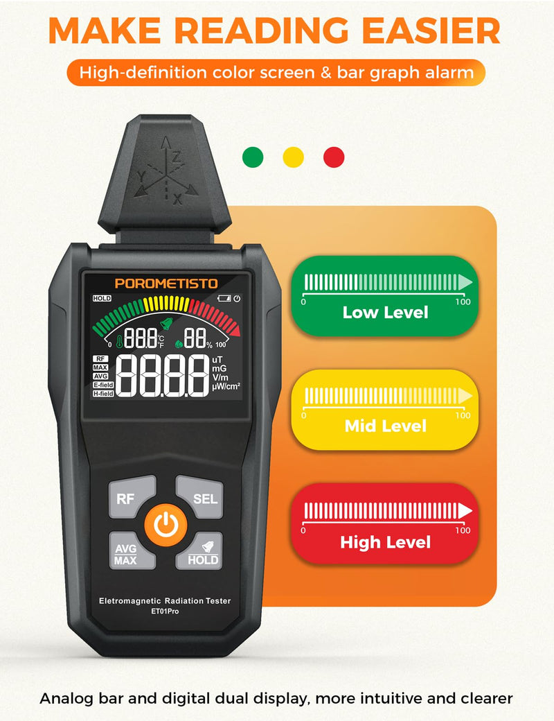 [Australia - AusPower] - EMF Meter Radiation Detector, ET01Pro EMF Detector, 5-in-1 Electromagnetic Field & Radio Frequency Detector for Home & Office EMF Inspections, Ghost Hunting| Portable Handheld 