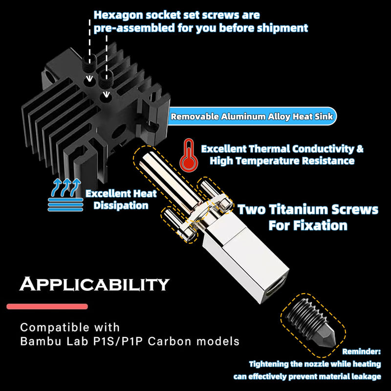 Hotend P1P/P1S Assembly with Standby Nozzles Compatible with Bambu Lab P1P/P1S Series 3D Printers, 5 PCS Hardened Steel Nozzles (0.2, 0.4, 0.6, 0.8,1.0mm) with DIY Tools and A Parts Box... P Serial Hotend Kit