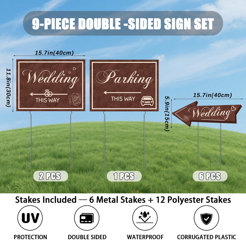 Wedding Direction Signs, 9-Piece Double-Sided Wedding This Way & Parking Sign Set with Stakes & Rods, Corrugated Plastic Yard Signs, Reversible Arrows for Outdoor Ceremony & Reception Wedding This Way Signs