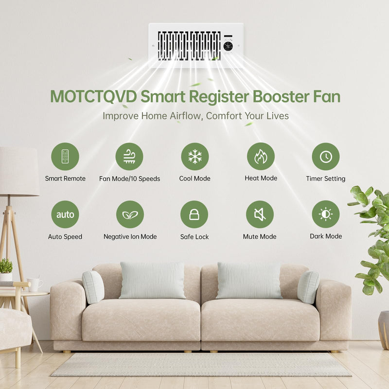 Register Booster Fan Fits 4” x 10” Register Holes, Smart Control Heating Cooling AC Vent Fan, 10-Speed Quiet Register Vent Booster Fans with Thermostat Control & Remote Control